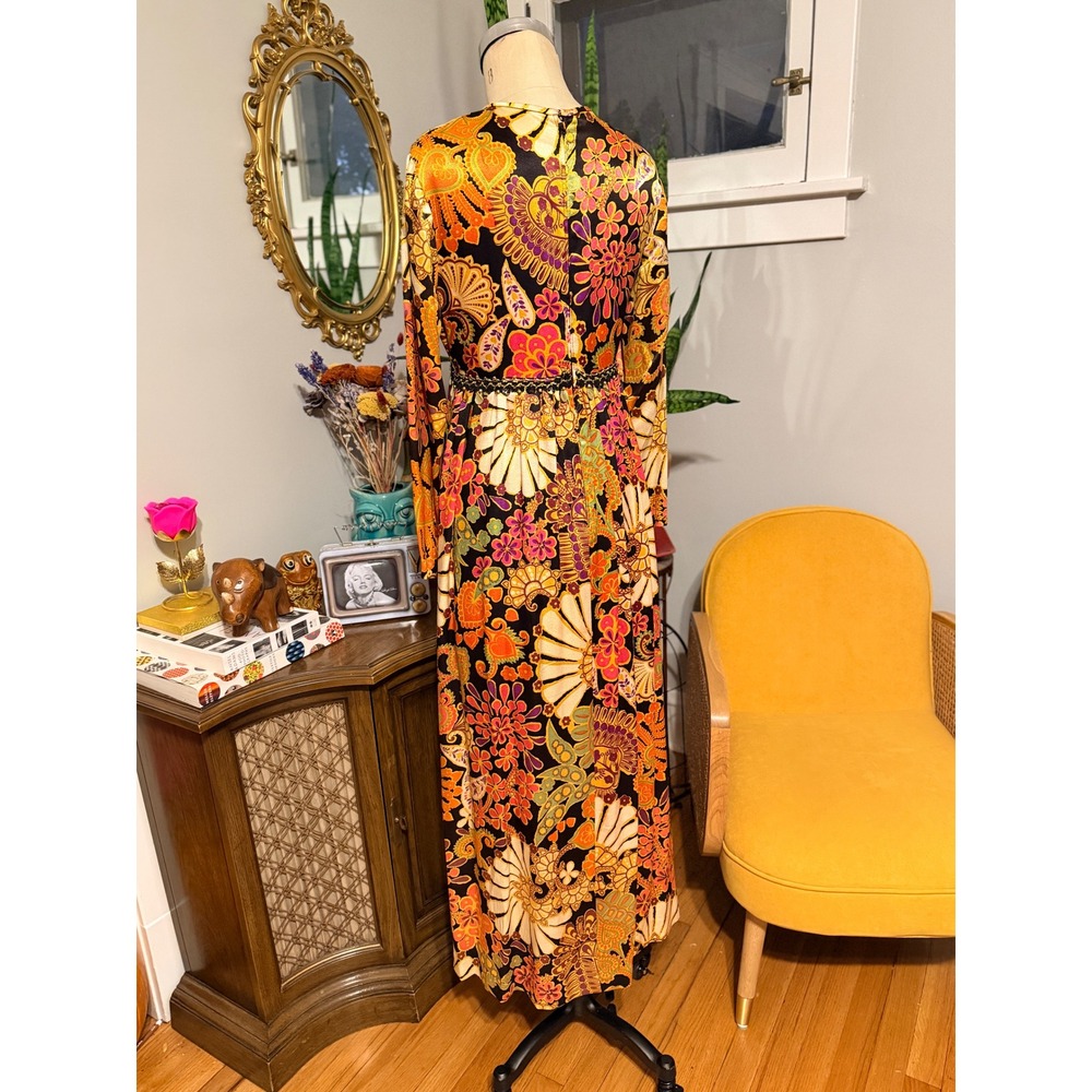 Vintage 1970s Maxi Tunic Dress High Slit Satin Boho Floral Print Long Sleeve - M - Picture 5 of 10